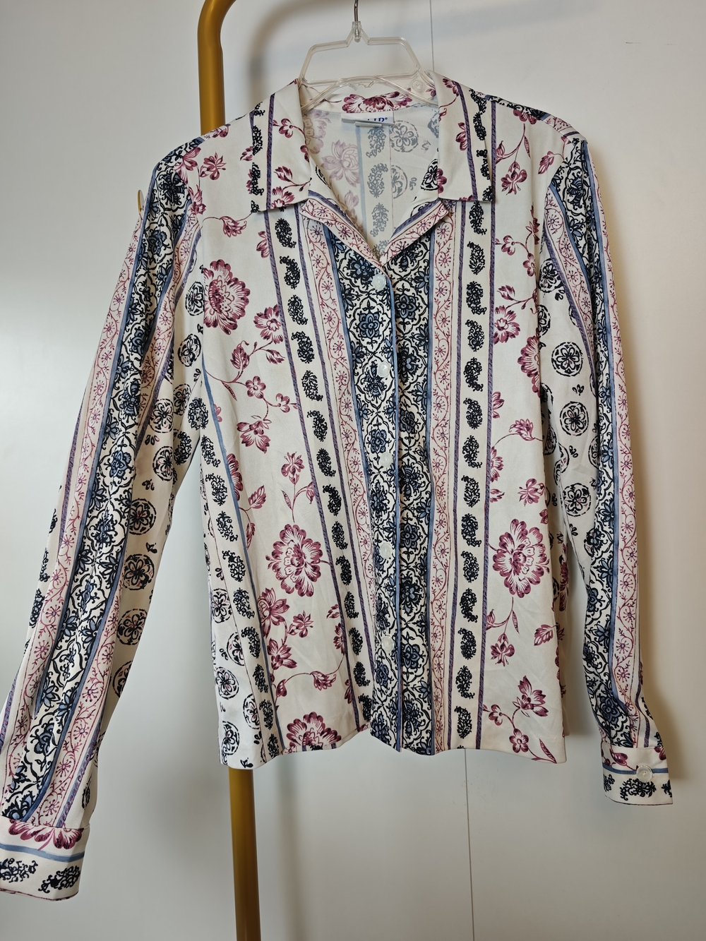 Western Vintage Blair Cream Button-Down Shirt with Navy & Pink Floral Stripes